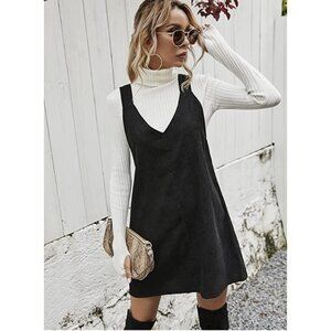 Black Corduroy Sleeveless‎ V-Neck A-Line Mini Pinafore Overalls Tank Dress